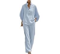 ANQKYO Ensemble Deux PièCes En Lin Et Coton à Manches Ensemble deux pièces en coton et lin à manches chauve-souris for femmes, chemise décontractée pantalon jambes larges(Blue,XXL)