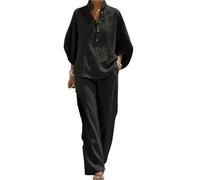 ANQKYO Ensemble Deux PièCes En Lin Et Coton à Manches Ensemble deux pièces en coton et lin à manches chauve-souris for femmes, chemise décontractée pantalon jambes larges(Black,XXL)