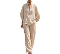 ANQKYO Ensemble Deux PièCes En Lin Et Coton à Manches Ensemble deux pièces en coton et lin à manches chauve-souris for femmes, chemise décontractée pantalon jambes larges(Beige,M)