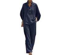 ANQKYO Ensemble Deux PièCes En Lin Et Coton à Manches Ensemble deux pièces en coton et lin à manches chauve-souris for femmes, chemise décontractée pantalon jambes larges(Dark Blue,XXXX-Large)