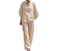 ANQKYO Ensemble Deux PièCes En Lin Et Coton à Manches Ensemble deux pièces en coton et lin à manches chauve-souris for femmes, chemise décontractée pantalon jambes larges(Beige,XL)