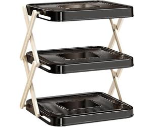 ANQKYO éTagèRe De Rangement à Plusieurs Niveaux pour Plat Support De Rangement Multicouche for Plats Et Plateaux Préparation, Présentoir Alimentaire Pliable avec Pieds en Forme X(Black)