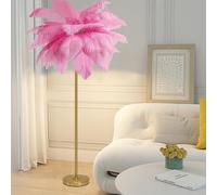 ANram Lampadaire en Plumes, Lampe sur Pied en Plumes d'autruche Naturelles, Lampe de décoration Simple pour Chambre et Salon, Corps de Lampe doré, 3 Couleurs à intensité Variable avec Ampoule LED G4