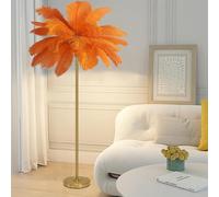 ANram Lampadaire en Plumes, Lampe sur Pied en Plumes d'autruche Naturelles, Lampe de décoration Simple pour Chambre et Salon, Corps de Lampe doré, 3 Couleurs à intensité Variable avec Ampoule LED G4