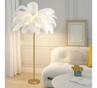 ANram Lampadaire en Plumes, Lampe sur Pied en Plumes d'autruche Naturelles, Lampe de décoration Simple pour Chambre et Salon, Corps de Lampe doré, 3 Couleurs à intensité Variable avec Ampoule LED G4