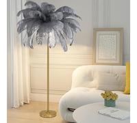 ANram Lampadaire en plumes d'autruche naturelles, lampe décorative simple pour chambre à coucher et salon, corps de lampe doré, 3 couleurs à intensité variable avec ampoule LED G4