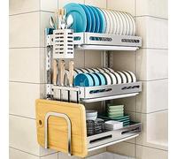 ANram Support Mural pour égouttoir à Vaisselle Suspendu, égouttoir à Vaisselle, étagère de Rangement pour Organisateur de Plaque de Cuisine à 3 Niveaux avec bac de vidange - Acier Inoxydable