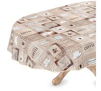 ANRO Nappe de table en toile cirée, lavable, ovale, avec ourlet, facile d'entretien, imperméable, effet lotus, au mètre, motif café, 140 x 260 cm