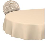 ANRO Nappe en tissu lavable en coton et polyester, uni, motif ornemental, damas, jacquard, tissu lavable, beige, ovale, 260 x 140 cm, avec ourlet (bordée)