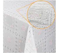 ANRO Nappe en toile cirée en vinyle - Étanche - Motif dentelle - à carreaux fleuris - Rose et blanc - 240 x 138 cm