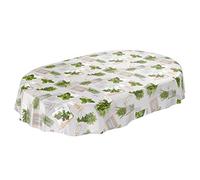 ANRO Nappe en Toile cirée - Facile d'entretien - Lavable - Motif Herbes - Basilic Bio - Vert/Beige - Ovale - 140 x 220 cm