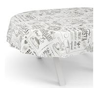 ANRO Nappe en toile cirée - Lavable, imperméable, ovale, bord coupé, motif Barista - Blanc - 160 x 140 cm