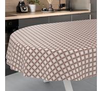 ANRO Nappe en Toile cirée, Lavable, pour Table de Jardin, extérieur et intérieur, Ovale, Bord coupé, Carreaux Beiges, 240 x 140 cm