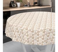 ANRO Nappe en Toile cirée, Lavable, pour Table de Jardin, extérieur et intérieur, Ronde, Bord coupé, Motif cœur, Beige, 140 cm