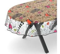 ANRO Nappe transparente Film de protection de table en toile cirée transparent Film de protection Film de table imprimé Café ovale 140 x 240 cm avec bord