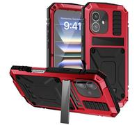 ANROD pour iPhone 16 Plus Antichoc Coque, Étui Rigide Aluminium Métal Gorilla Verre Militaire Heavy Duty Robuste Protecteur Couverture pour iPhone 16 Plus, avec Béquille (Rouge)
