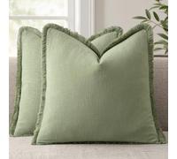 ANRODUO Lot de 2 housses de coussin décoratives en lin doux à franges de style rustique et bohème avec pampilles pour canapé, sofa, lit, salon, décoration printanière, vert sauge