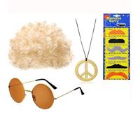 ANROI Ensemble de costume hippie de 9 pièces: perruque afro des années 70-80, lunettes de soleil, collier de signe de paix, moustache, perruque blonde - Costume hippie pour homme