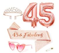 Anruzon Décoration d'anniversaire pour femme 45 ans, couronne et écharpe, lunettes roses en forme de cœur, ballons or rose, cadeaux pour femmes de 45 ans, accessoires de décoration de fête