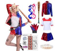Ansamy Déguisement Adulte Femme Cosplay Joker Costume Girls Sweat-Shirt T-Shirt Short Gants pour Enfant Fete Carnaval Halloween Cadeau (Adult, XL)