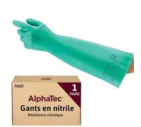 Ansell AlphaTec 37-185 Gants Protection Chimique en Nitrile, Gant Impérméable Très Résistant Liquides et Solvants, EPI Homme Femme, Réutilisable, Vert, Taille M (1 Paire)