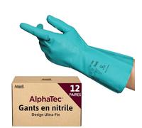 Ansell AlphaTec 37-300 Gants de Travail en Nitrile, Longs et Réutilisables, Résistance Chimique et Contact Alimentaire, Protection Professionnelle Multiusage, Vert, Taille XL (12 Paires)