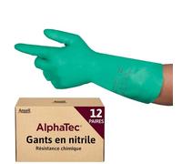 Ansell AlphaTec 37-675, Gants en nitrile résistant aux produits chimiques, Gants de travail imperméables, Gants de protection sans latex, Alimentation et nettoyage, Verts, Gants nitrile 2XL 12 paires