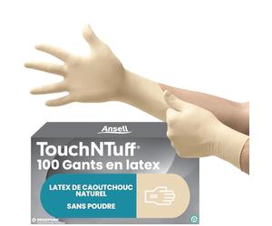 Ansell TouchNTuff 69-318 Gants Jetables en Latex, Fins et Non Poudrés, Doigts Renforcés et Adhérisés, Protection Multiusage, Alimentaire, Chimique et Mécanique, Blanc, Taille S (100 Gants)
