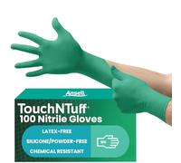 Ansell TouchNTuff 92-600, Gants jetables pour travaux lourds, Gants nitrile contact alimentaire, Gants de protection chimique et mécanique, Sans latex, Boîte de 100 gants en nitrile verts, Taille L