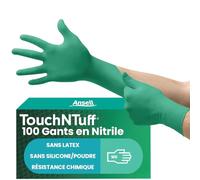 Ansell TouchNTuff 92-600, Gants jetables pour travaux lourds, Gants nitrile contact alimentaire, Gants de protection chimique et mécanique, Sans latex, Boîte de 100 gants en nitrile verts, Taille L
