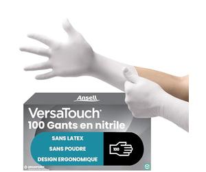 Ansell VersaTouch 92-205 Gants Jetables en Nitrile, Non Poudrés, Protection Multiusage, Alimentaire, Chimique et Mécanique, Sécurité Industrielle, Sans Latex, Blanc, Taille M (100 Pièces)