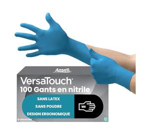 Ansell VersaTouch 92-465 Gants Jetables Nitrile, Protection Chimique et Mécanique, Risques Industriels, Usage Unique, Bleu, Taille M (100 Pièces)