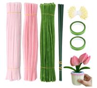 Anseom Tulip Bouquet - Lot de 300 cure-pipes - Fil chenille multicolore de 30 cm de long - 3 couleurs - Avec 20 fils de bricolage vert - 400 étamines - 2 rubans crêpe (bleu) (rose)