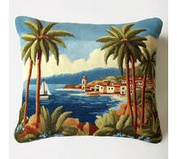 ANSIWEIGO Kit Broderie Point Noué avec Coussin,Scène d'été sur l'île Tapis DIY 43x43 cm,Art Textile pour Déco Intérieure,Facile à Réaliser,Cadeau Créatif pour Débutants