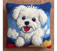 ANSIWEIGO Kit Coussin à Broder au Crochet de Loquet 43x43 cm,Tapis avec Motif Imprimé pour Débutants et Adultes,Kit de Tissage au Crochet avec Tissu Imprimé Aiguilles et Fils,Chien maltais