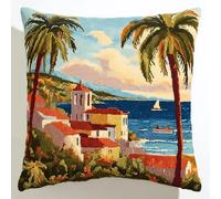 ANSIWEIGO Kit DIY Tapis à Nouer avec Coussin,Activité Créative pour Enfants et Adultes,Scène d'été sur l'île Point Noué Facile avec Aiguille,Taie d’Oreiller à Faire Soi-même 43x43 cm