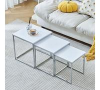 Ansley&HosHo Ensemble de 3 Tables de Nidification, Tables Gigognes avec Cadre Métallique Chromé pour Salon, Chambre, Canapé Empilable Carré Tables Latérales (Blanc)