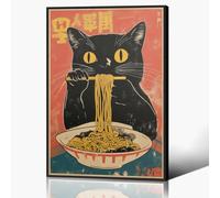 Anslipswar Impression sur toile de chat japonais, poster de chat noir insolite mangeant des ramen, impression d'art rétro amusante pour cuisine, salle à manger, cadeau pour les amateurs de nouilles