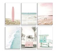 Anslipswar Lot de 6 affiches murales sur toile de plage, 30,5 x 40,6 cm, affiches tropicales d'été, océan, côtier, impression Preppy, impression de plage, planche de surf nautique girly pour