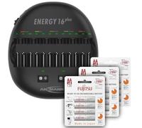 ANSMANN Energy 16 Plus Chargeur de batterie individuel pour piles rechargeables NiMH AAA, AA, C, D, 9 V avec port USB, comprend 12 piles rechargeables Fujitsu AA 2000 mAh