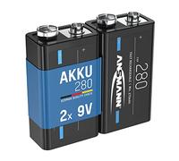 ANSMANN Piles 6F22 9V 280 mAh NiMH rechargeables (Lot de 2) - Bloc alimentation 9V à faible autodécharge et haute capacité - Piles 9V idéales pour pédale de guitare, microphone, télécommande, etc.