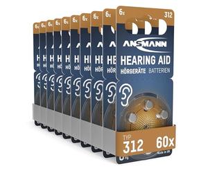 ANSMANN Piles auditives 312 (Lot de 60) - Piles Bouton pour Aides auditives P312 ZL3 PR41 - Piles Plates pour appareils auditifs, amplificateurs sonores - Marron