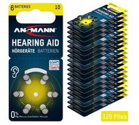 ANSMANN Piles auditives Type 10 (Lot de 120) - Piles Bouton pour Aides auditives P10 PR70 ZL4 - Piles Plates pour appareils auditifs, amplificateurs sonores - Jaune