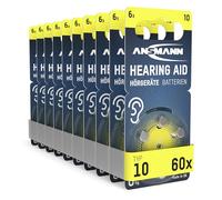 ANSMANN Piles auditives Type 10 (Lot de 60) - Piles Bouton pour Aides auditives P10 PR70 ZL4 - Piles Plates pour appareils auditifs, amplificateurs sonores - Jaune