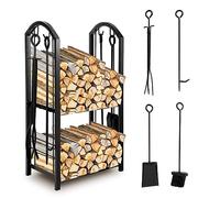Ansobea 37x33x74cm Double pont Porte bûches de cheminée avec 4 outils Ensemble d‘outils de Cheminée Range-bûches Support de bois de Chauffage pour Intérieur Extérieur