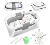Ansobea Baignoire pour bébé, avec thermomètre intégré, pliable, support antidérapant, tapis de bain, pour nouveau-nés, gris