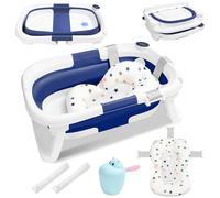 Ansobea Baignoire pour bébé, avec thermomètre intégré, pliable, support antidérapant, tapis de bain, pour nouveau-né, bleu