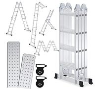 Ansobea Échelle multifonction en aluminium de 4,7 m - 4 x 4 marches - Échelle multifonction avec plateforme - Échelle avec 2 plaques d'échafaudage - Échelle jusqu'à 150 kg - Échelle pliante à 16