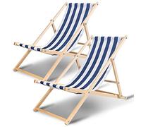 Ansobea Lot de 2 chaises longues pliables en bois - Charge maximale : 120 kg - Réglable - Résistant aux intempéries - Pour camping, balcon, piscine - Bleu et blanc