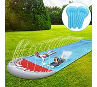 Ansobea Tapis de Glisse Toboggan Aquatique Double Piste, 550 * 145cm Slide Track avec 2 Planche de Surf, Enfants Plein air, Motif de Requin Glissez